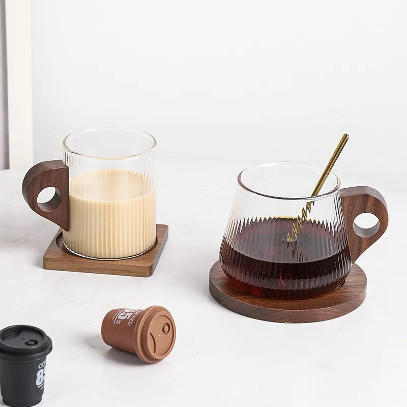 280/450ml Vertikales Muster Holzgriff Kaffeetasse Vintage Japanische Glastasse Italienische Latte Tasse Hohe Schönheit Wassertasse - GYLDNE GRÆNSE Gourmet Online Shop