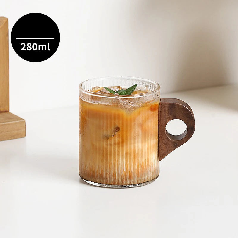 280/450ml Vertikales Muster Holzgriff Kaffeetasse Vintage Japanische Glastasse Italienische Latte Tasse Hohe Schönheit Wassertasse - GYLDNE GRÆNSE Gourmet Online Shop