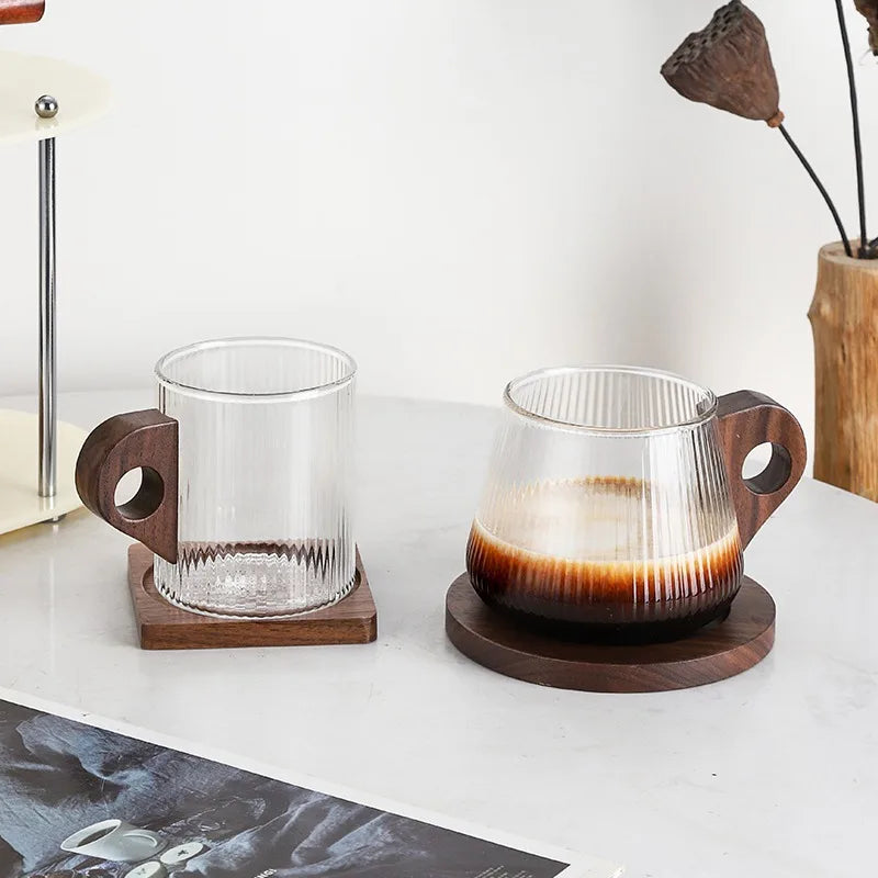 280/450ml Vertikales Muster Holzgriff Kaffeetasse Vintage Japanische Glastasse Italienische Latte Tasse Hohe Schönheit Wassertasse - GYLDNE GRÆNSE Gourmet Online Shop