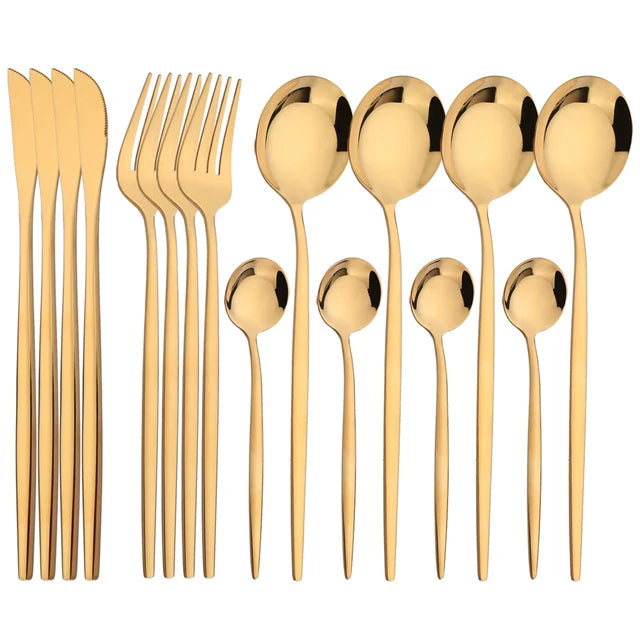 16Pcs Geschirr Set Edelstahl Geschirr Spiegel Abendessen Schwarzes Besteck Set Messer Obst Gabel Löffel Besteck Küchenset - GYLDNE GRÆNSE Gourmet Online Shop