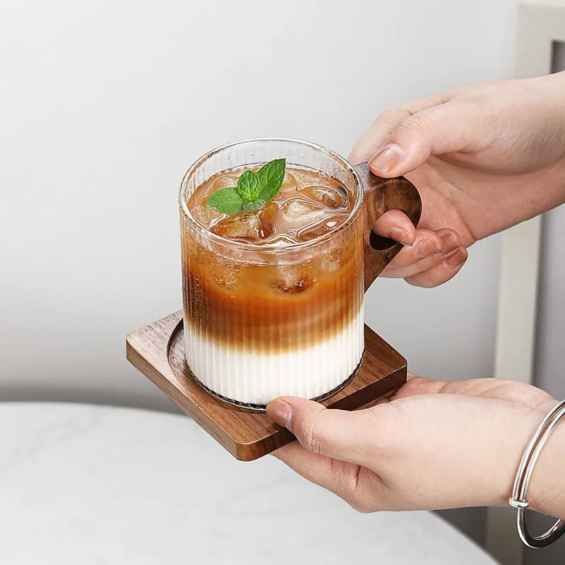 280/450ml Vertikales Muster Holzgriff Kaffeetasse Vintage Japanische Glastasse Italienische Latte Tasse Hohe Schönheit Wassertasse - GYLDNE GRÆNSE Gourmet Online Shop