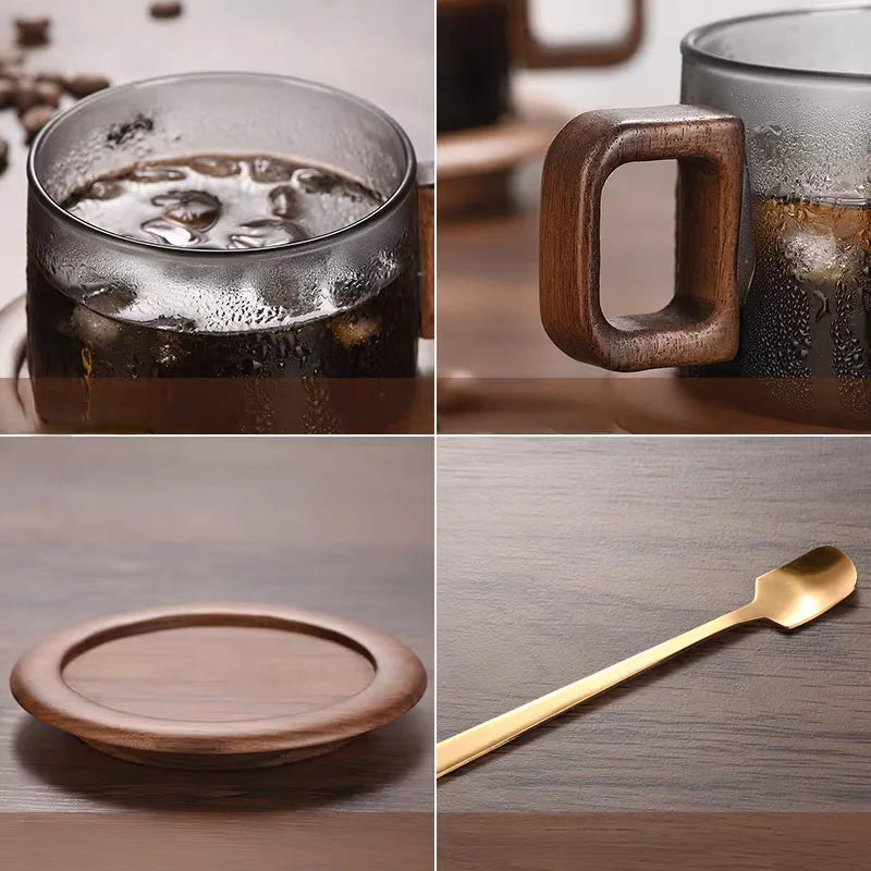 200 ml American Latte Glas Kaffeebecher mit rundem Holztablett Löffel hitzebeständige Milchteetasse frisch gemahlene Kaffeetasse Set - GYLDNE GRÆNSE Gourmet Online Shop