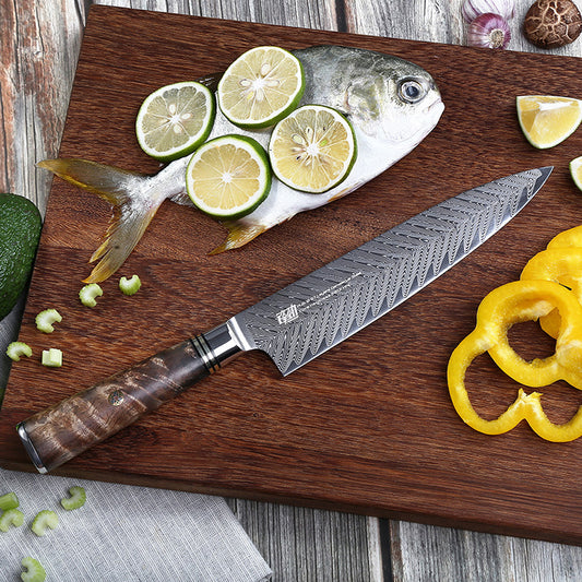Damast 8 Zoll Schneidemesser Aus10 Kochmesser Fischgrätenmuster Kochmesser Schatten Holz Schneidemesser - G﻿YLDNE GRÆNSE Gourmet Online Shop 