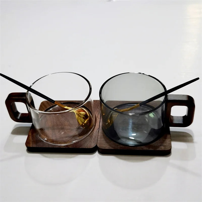 200 ml frisch gemahlene gerade Glas-Kaffeetasse mit Holztablettlöffel hitzebeständige Frühstücksmilch-Teetasse Amerikanische Kaffeetasse - G﻿YLDNE GRÆNSE Gourmet Online Shop 