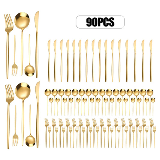 90Pcs Gold Besteck Set Edelstahl Besteck Utensilien Küche Geschirr Gabeln Messer Löffel Besteck für Home Restaurant - G﻿YLDNE GRÆNSE Gourmet Online Shop 