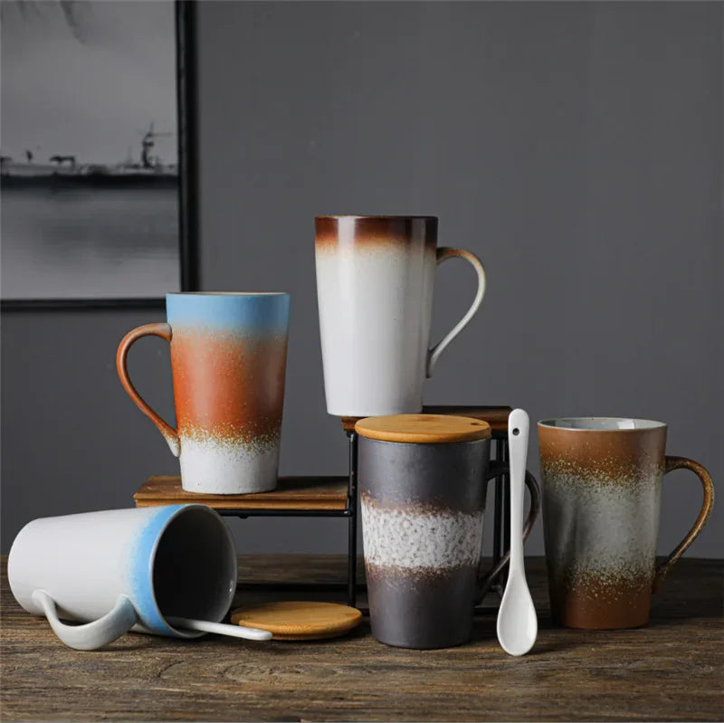Keramik Kaffeebecher mit Löffel und Deckel, kreativ, japanischer Stil, Retro, Frühstück, Büro Tasse, Geschenk - G﻿YLDNE GRÆNSE Gourmet Online Shop 