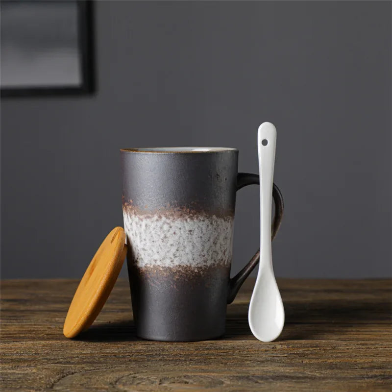 Keramik Kaffeebecher mit Löffel und Deckel, kreativ, japanischer Stil, Retro, Frühstück, Büro Tasse, Geschenk - G﻿YLDNE GRÆNSE Gourmet Online Shop 