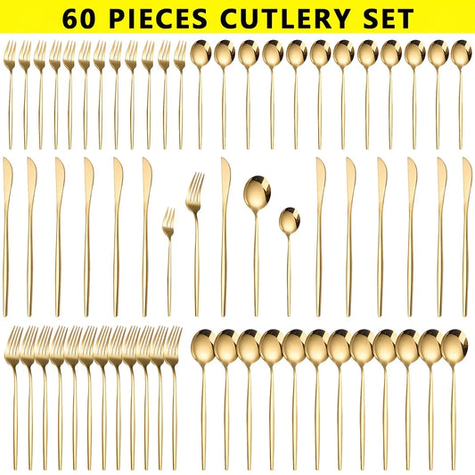 60-teiliges Edelstahl-Besteck-Set, hochglanzpoliert, spülmaschinenfest, enthält Messer, Gabeln und Löffel in Geschenkbox, Gold - G﻿YLDNE GRÆNSE Gourmet Online Shop 