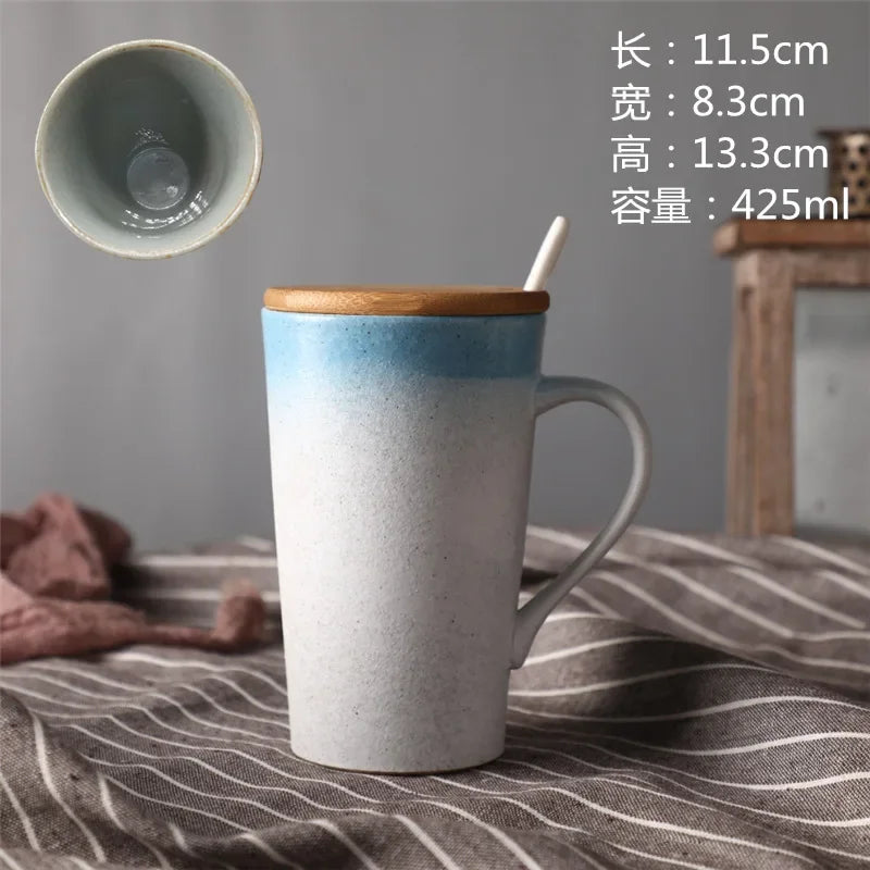 Keramik Kaffeebecher mit Löffel und Deckel, kreativ, japanischer Stil, Retro, Frühstück, Büro Tasse, Geschenk - G﻿YLDNE GRÆNSE Gourmet Online Shop 