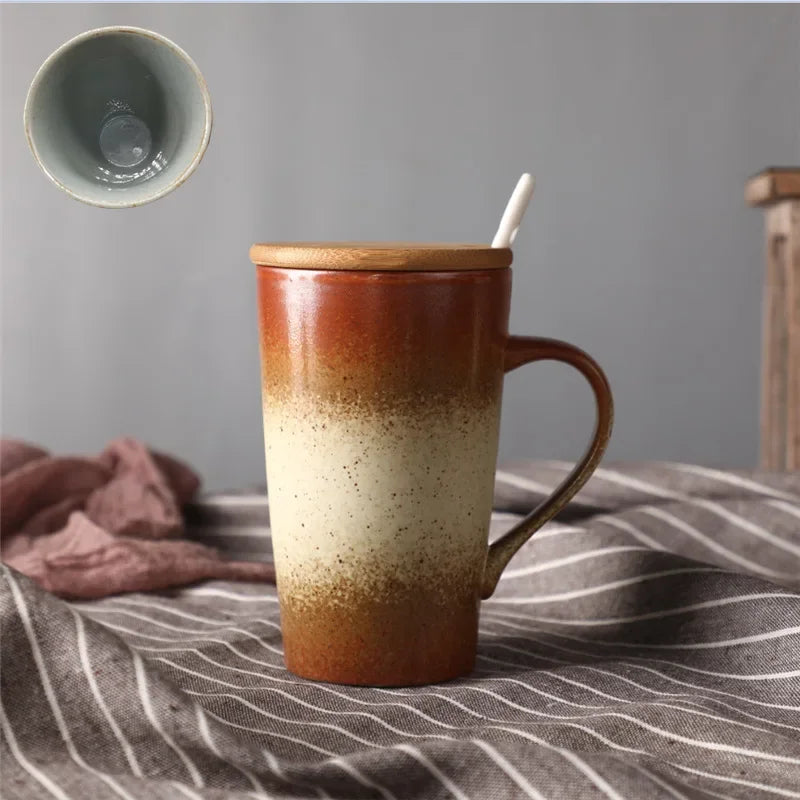 Keramik Kaffeebecher mit Löffel und Deckel, kreativ, japanischer Stil, Retro, Frühstück, Büro Tasse, Geschenk - G﻿YLDNE GRÆNSE Gourmet Online Shop 