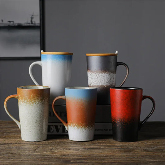 Keramik Kaffeebecher mit Löffel und Deckel, kreativ, japanischer Stil, Retro, Frühstück, Büro Tasse, Geschenk - G﻿YLDNE GRÆNSE Gourmet Online Shop 