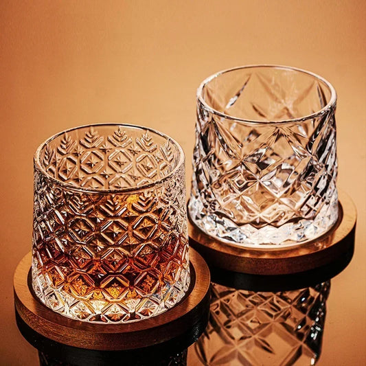 Retro Rotating Whisky Glass Cup with Bamboo Coaster Spinning Top Stress Relief Wine Enjoyable Cups Home Bar Drinking Utensils - G﻿YLDNE GRÆNSE Gourmet Online Shop 