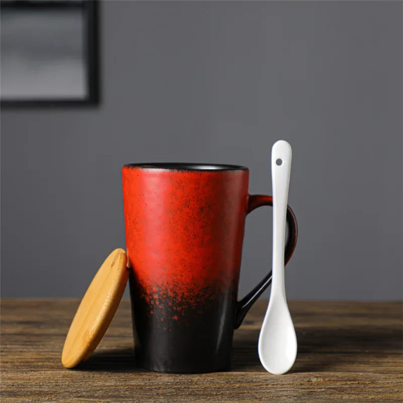 Keramik Kaffeebecher mit Löffel und Deckel, kreativ, japanischer Stil, Retro, Frühstück, Büro Tasse, Geschenk - G﻿YLDNE GRÆNSE Gourmet Online Shop 