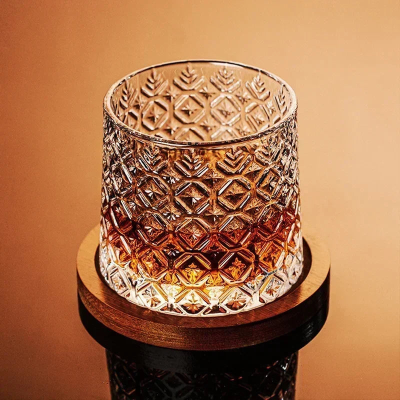 Retro Rotating Whisky Glass Cup with Bamboo Coaster Spinning Top Stress Relief Wine Enjoyable Cups Home Bar Drinking Utensils - G﻿YLDNE GRÆNSE Gourmet Online Shop 