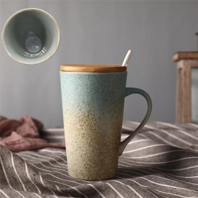 Keramik Kaffeebecher mit Löffel und Deckel, kreativ, japanischer Stil, Retro, Frühstück, Büro Tasse, Geschenk - G﻿YLDNE GRÆNSE Gourmet Online Shop 