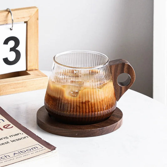 280/450ml Vertikales Muster Holzgriff Kaffeetasse Vintage Japanische Glastasse Italienische Latte Tasse Hohe Schönheit Wassertasse - G﻿YLDNE GRÆNSE Gourmet Online Shop 