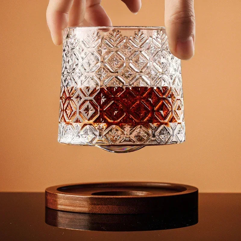Retro Rotating Whisky Glass Cup with Bamboo Coaster Spinning Top Stress Relief Wine Enjoyable Cups Home Bar Drinking Utensils - G﻿YLDNE GRÆNSE Gourmet Online Shop 